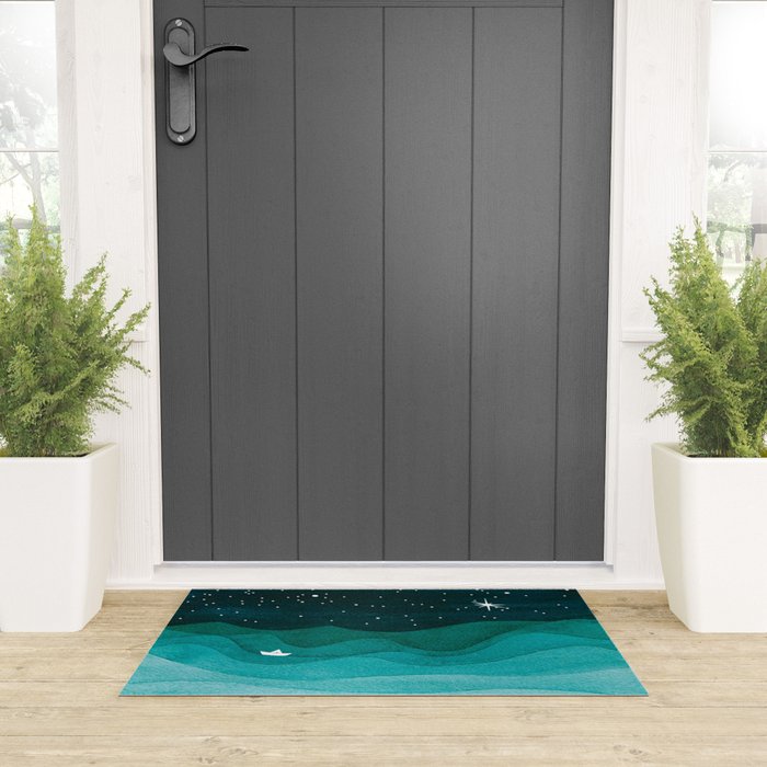 Starry Ocean, teal sailboat watercolor sea waves night Welcome Mat Gallery Image 3
