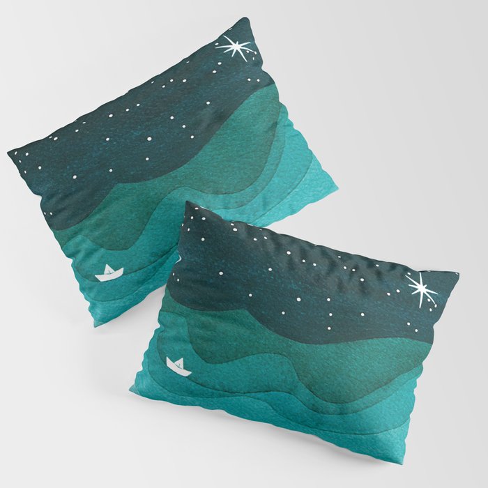 Starry Ocean, teal sailboat watercolor sea waves night Pillow Sham Gallery Image 1
