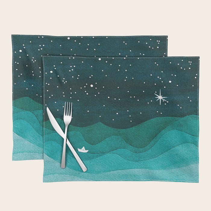 Starry Ocean, teal sailboat watercolor sea waves night Placemat Gallery Image 1