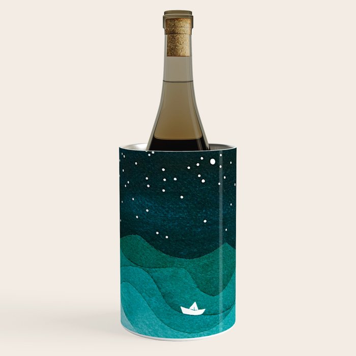 Starry Ocean, teal sailboat watercolor sea waves night Wine Chiller Gallery Image 2