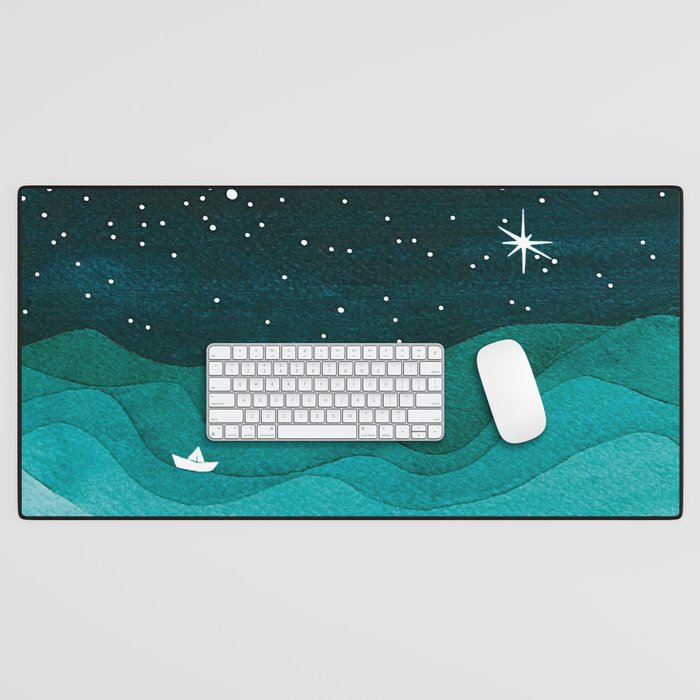 Starry Ocean, teal sailboat watercolor sea waves night Desk Mat Gallery Image 1