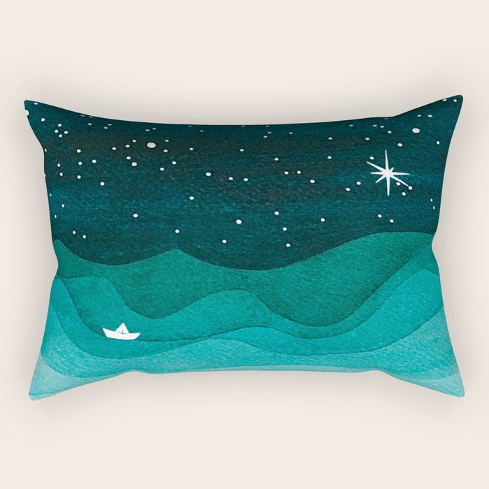 Starry Ocean, teal sailboat watercolor sea waves night Rectangular Pillow Gallery Image 2
