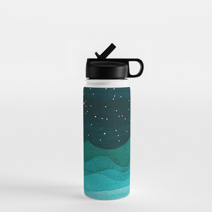 Starry Ocean, teal sailboat watercolor sea waves night Water Bottle Gallery Image 1