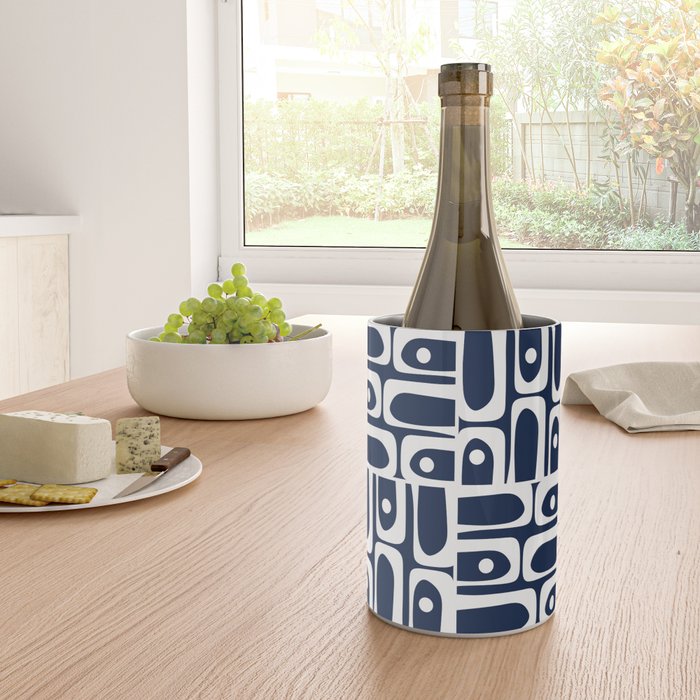 Mid Century Modern Piquet Abstract Multi Geometric Pattern in Nautical Navy Blue and White Wine Chiller Gallery Image 4