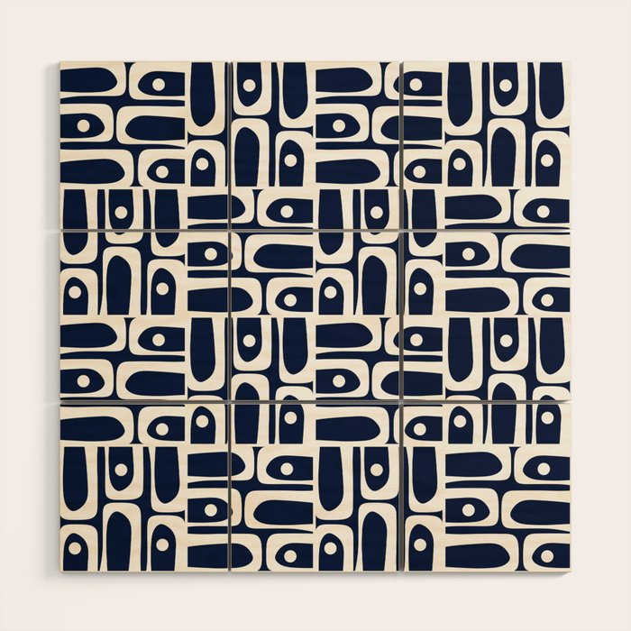Mid Century Modern Piquet Abstract Multi Geometric Pattern in Nautical Navy Blue and White Wood Wall Art Gallery Image 1