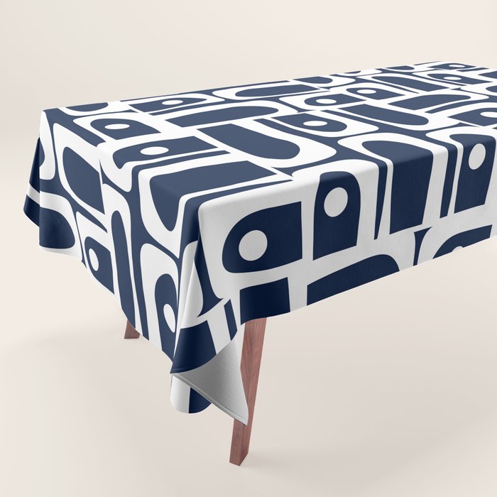 Mid Century Modern Piquet Abstract Multi Geometric Pattern in Nautical Navy Blue and White Tablecloth Gallery Image 1
