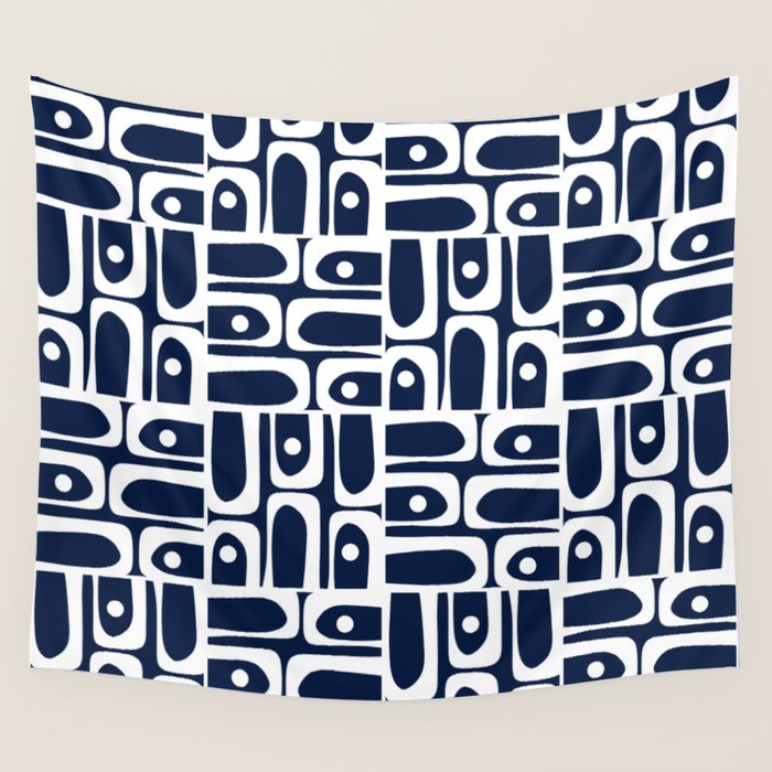 Mid Century Modern Piquet Abstract Multi Geometric Pattern in Nautical Navy Blue and White Wall Tapestry Gallery Image 1