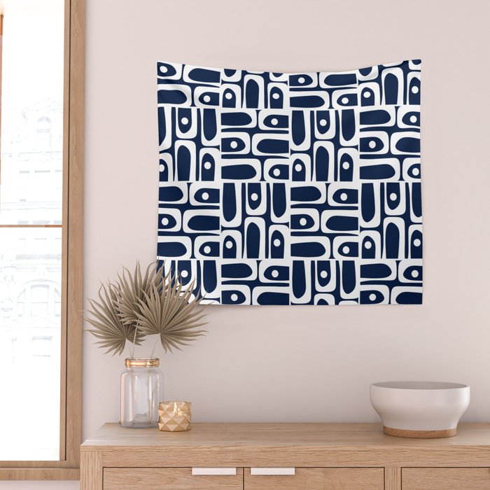 Mid Century Modern Piquet Abstract Multi Geometric Pattern in Nautical Navy Blue and White Wall Tapestry Gallery Image 2
