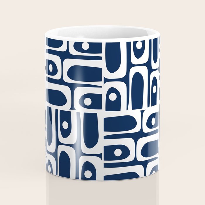 Mid Century Modern Piquet Abstract Multi Geometric Pattern in Nautical Navy Blue and White Coffee Mug Gallery Image 4
