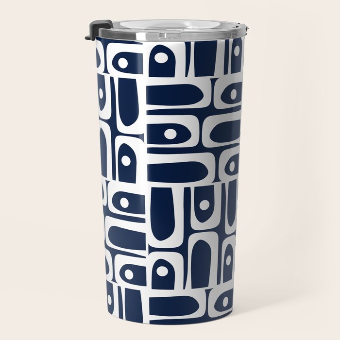 Mid Century Modern Piquet Abstract Multi Geometric Pattern in Nautical Navy Blue and White Travel Mug Gallery Image 3