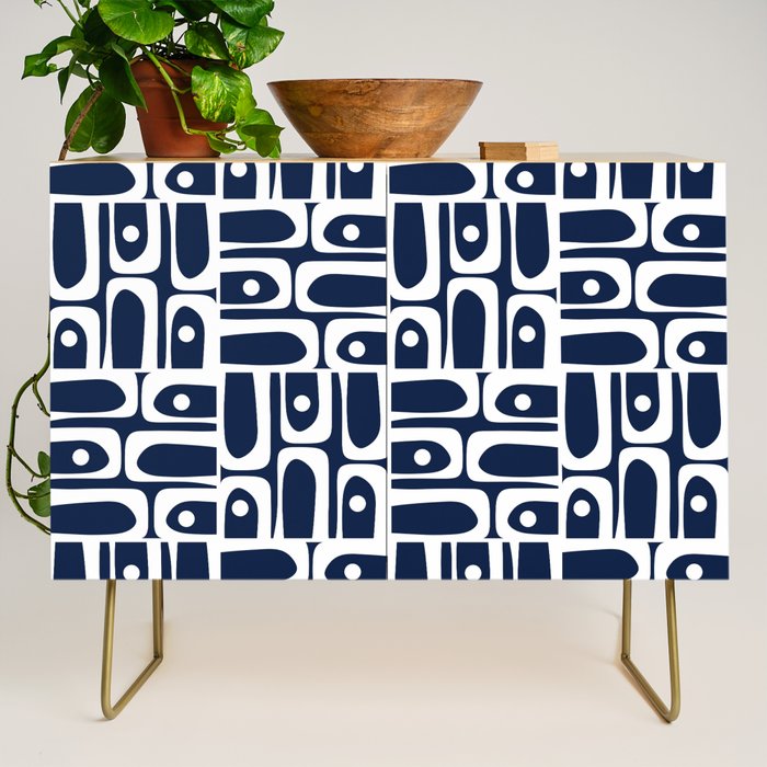Mid Century Modern Piquet Abstract Multi Geometric Pattern in Nautical Navy Blue and White Credenza Gallery Image 1