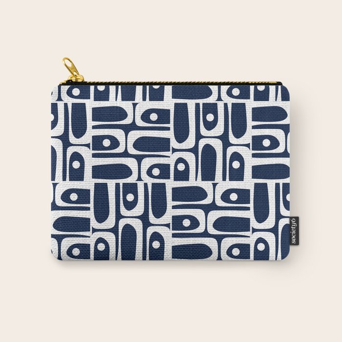 Mid Century Modern Piquet Abstract Multi Geometric Pattern in Nautical Navy Blue and White Carry All Pouch Gallery Image 1