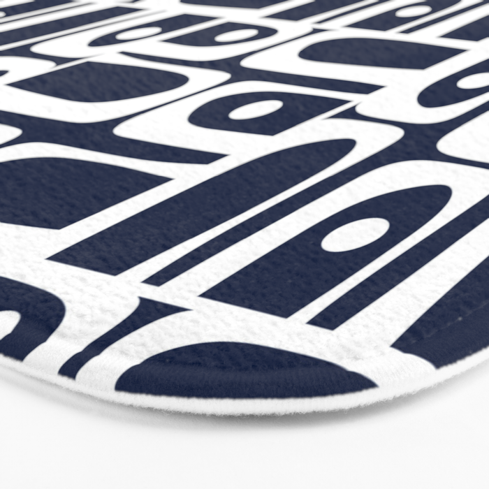 Mid Century Modern Piquet Abstract Multi Geometric Pattern in Nautical Navy Blue and White Bath Mat Gallery Image 3