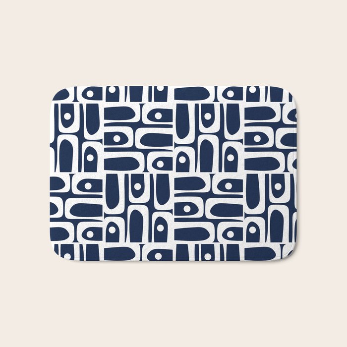 Mid Century Modern Piquet Abstract Multi Geometric Pattern in Nautical Navy Blue and White Bath Mat Gallery Image 1