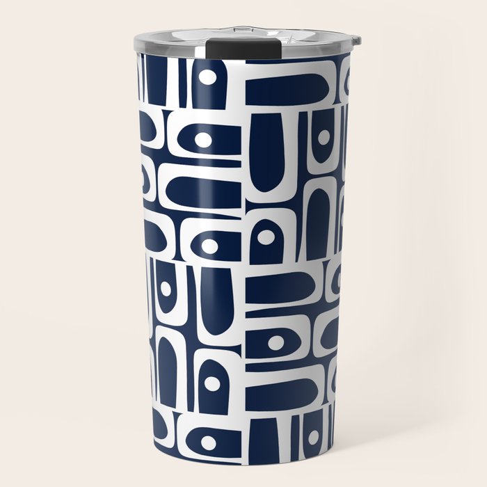 Mid Century Modern Piquet Abstract Multi Geometric Pattern in Nautical Navy Blue and White Travel Mug Gallery Image 1