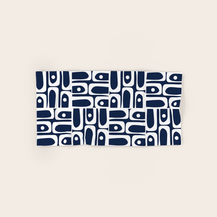 Mid Century Modern Piquet Abstract Multi Geometric Pattern in Nautical Navy Blue and White Bath Towel Gallery Image 1