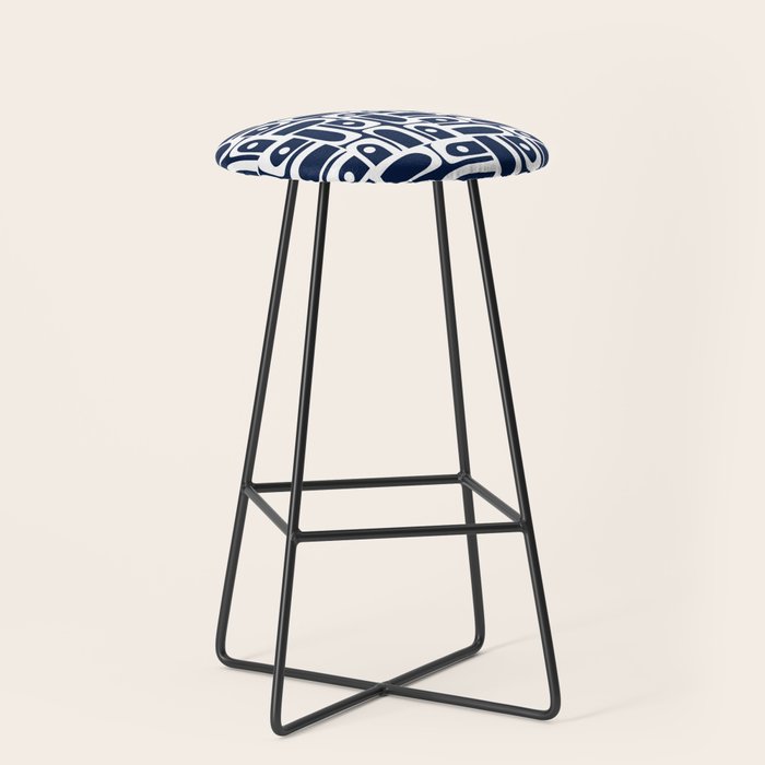 Mid Century Modern Piquet Abstract Multi Geometric Pattern in Nautical Navy Blue and White Stool Gallery Image 1