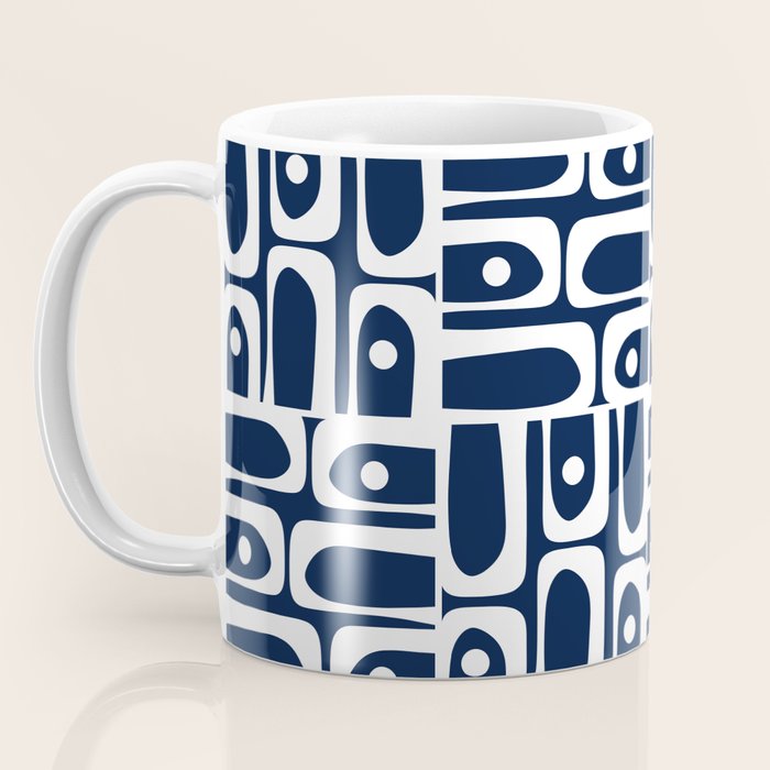 Mid Century Modern Piquet Abstract Multi Geometric Pattern in Nautical Navy Blue and White Coffee Mug Gallery Image 3