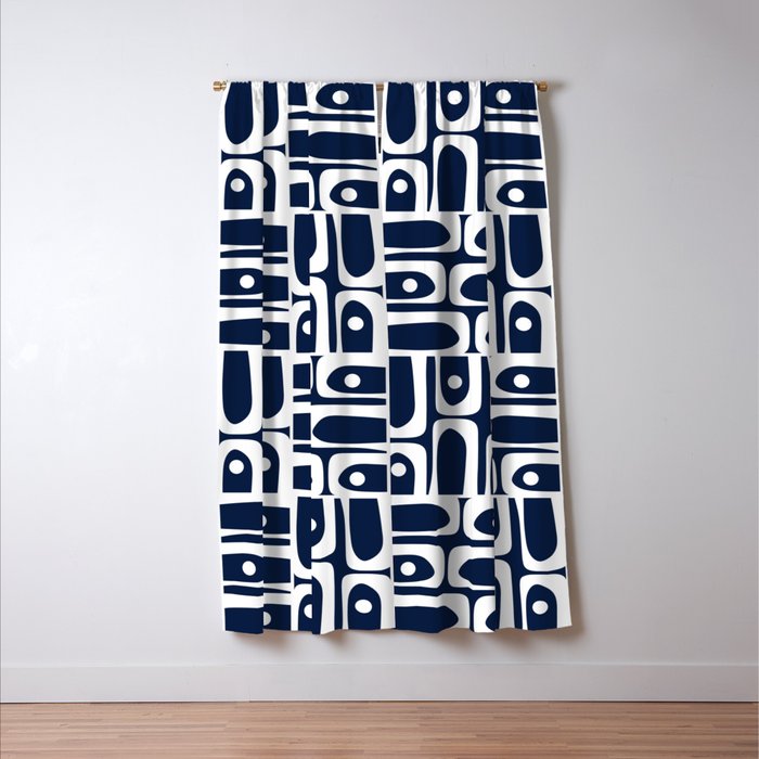 Mid Century Modern Piquet Abstract Multi Geometric Pattern in Nautical Navy Blue and White Window Curtain Gallery Image 3