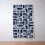 Mid Century Modern Piquet Abstract Multi Geometric Pattern in Nautical Navy Blue and White Window Curtain Gallery Image 3