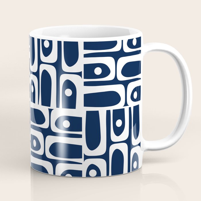 Mid Century Modern Piquet Abstract Multi Geometric Pattern in Nautical Navy Blue and White Coffee Mug Gallery Image 1