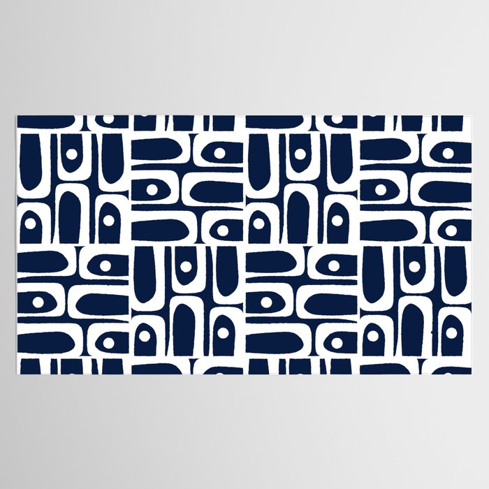 Mid Century Modern Piquet Abstract Multi Geometric Pattern in Nautical Navy Blue and White Tablecloth Gallery Image 2