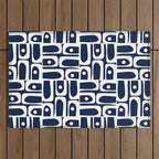 Mid Century Modern Piquet Abstract Multi Geometric Pattern in Nautical Navy Blue and White Outdoor Rug Gallery Image 1
