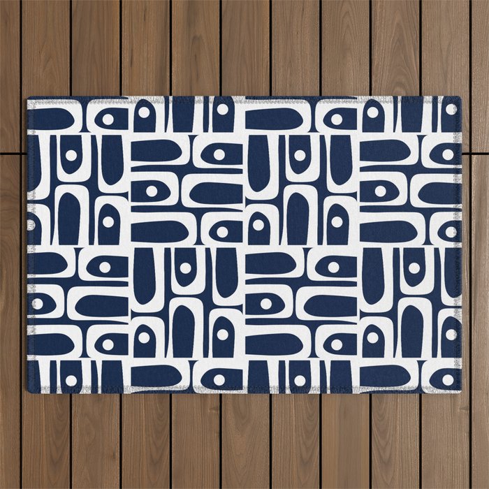 Mid Century Modern Piquet Abstract Multi Geometric Pattern in Nautical Navy Blue and White Outdoor Rug Gallery Image 1