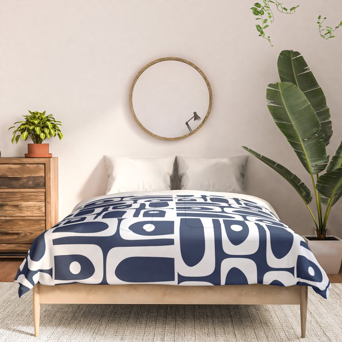 Mid Century Modern Piquet Abstract Multi Geometric Pattern in Nautical Navy Blue and White Comforter Gallery Image 3