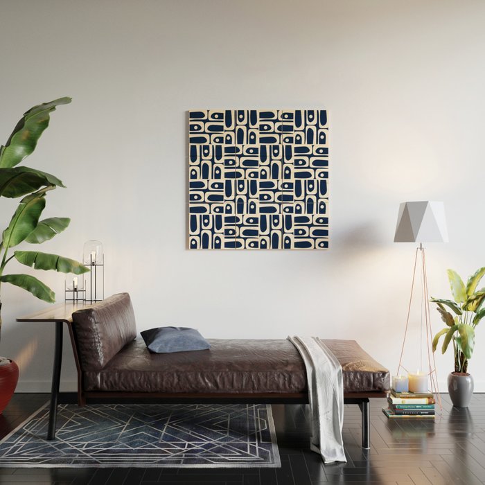 Mid Century Modern Piquet Abstract Multi Geometric Pattern in Nautical Navy Blue and White Wood Wall Art Gallery Image 2