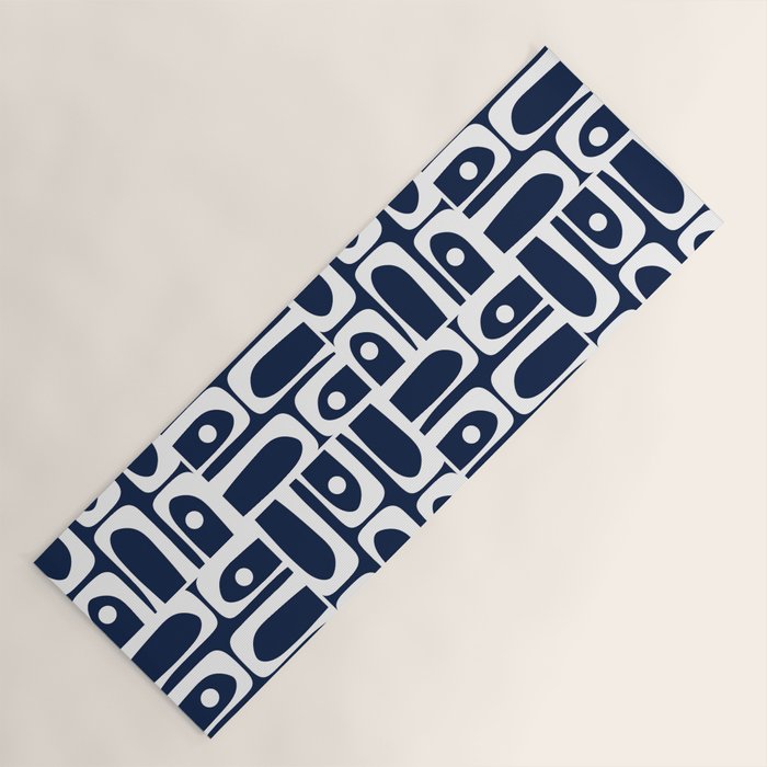 Mid Century Modern Piquet Abstract Multi Geometric Pattern in Nautical Navy Blue and White Yoga Mat Gallery Image 1