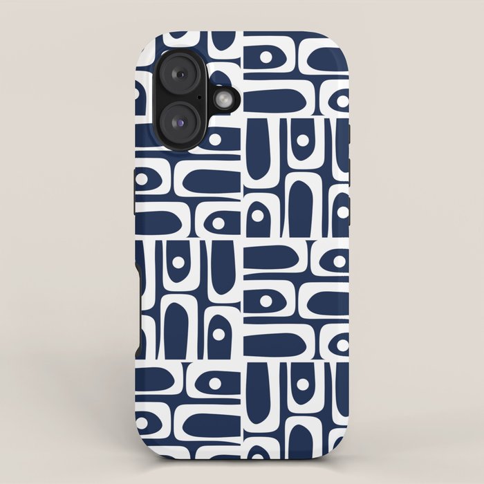 Mid Century Modern Piquet Abstract Multi Geometric Pattern in Nautical Navy Blue and White iPhone Case Gallery Image 1