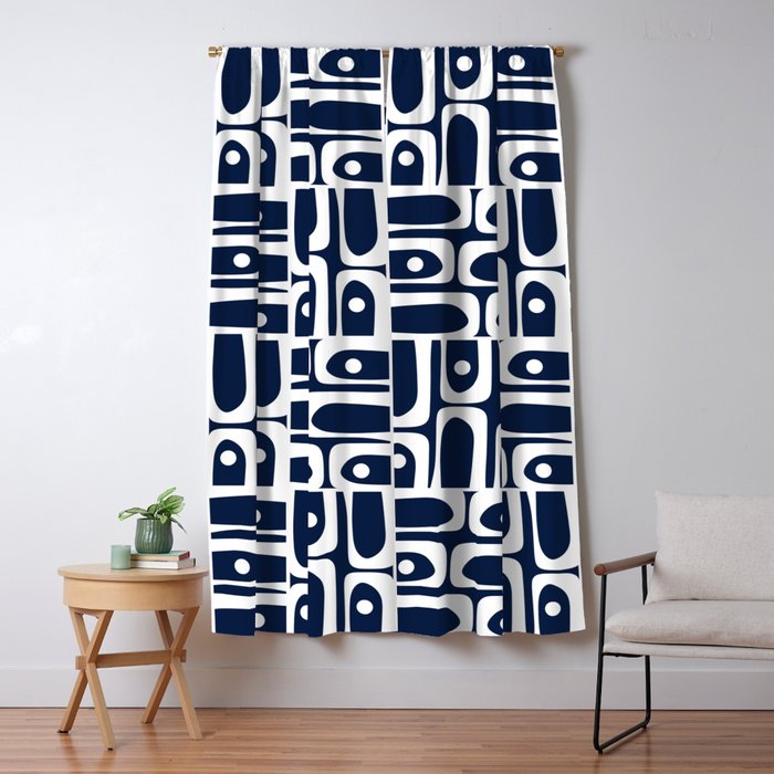 Mid Century Modern Piquet Abstract Multi Geometric Pattern in Nautical Navy Blue and White Window Curtain Gallery Image 1