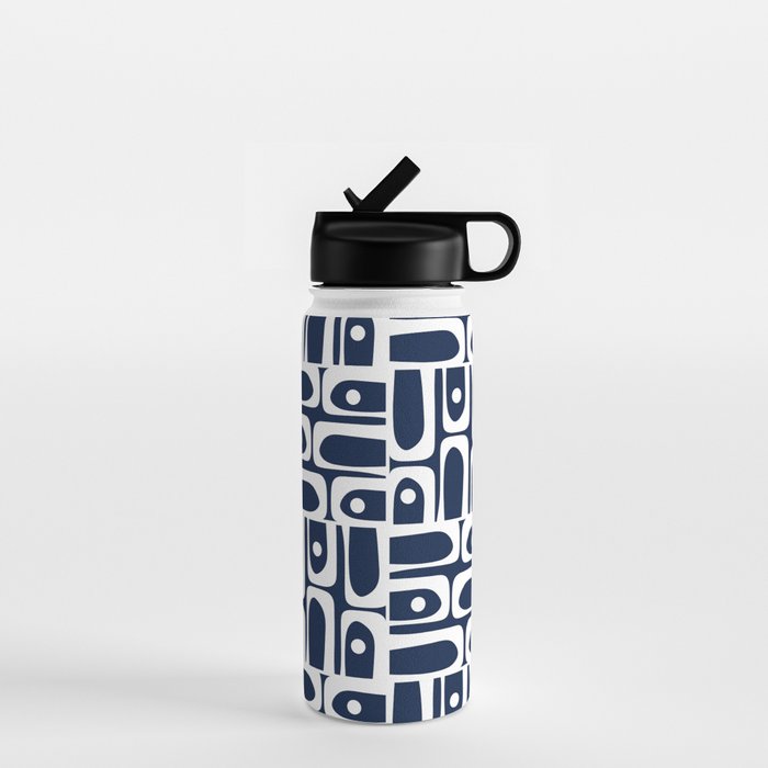 Mid Century Modern Piquet Abstract Multi Geometric Pattern in Nautical Navy Blue and White Water Bottle Gallery Image 1