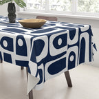 Mid Century Modern Piquet Abstract Multi Geometric Pattern in Nautical Navy Blue and White Tablecloth Gallery Image 3