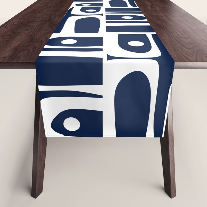 Mid Century Modern Piquet Abstract Multi Geometric Pattern in Nautical Navy Blue and White Table Runner Gallery Image 1