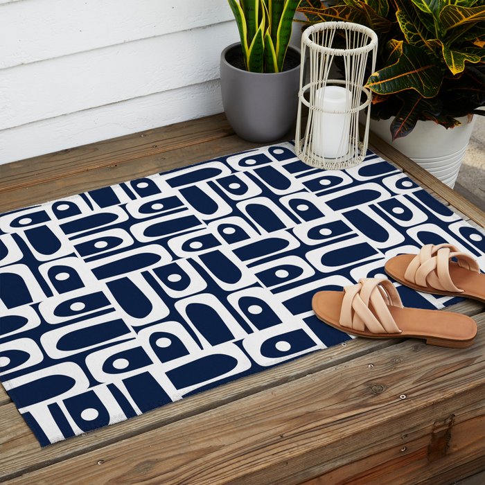 Mid Century Modern Piquet Abstract Multi Geometric Pattern in Nautical Navy Blue and White Outdoor Rug Gallery Image 2