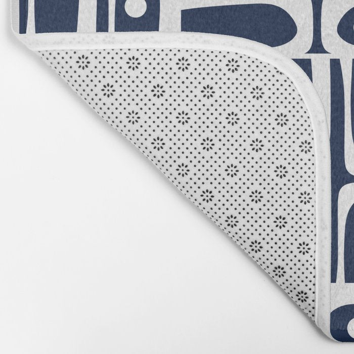 Mid Century Modern Piquet Abstract Multi Geometric Pattern in Nautical Navy Blue and White Bath Mat Gallery Image 2