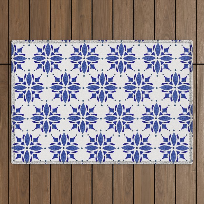 Dark Blue Watercolor Tile Pattern Outdoor Rug Gallery Image 1
