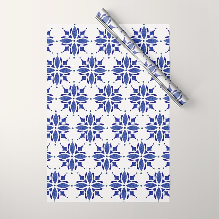 Dark Blue Watercolor Tile Pattern Wrapping Paper Gallery Image 1