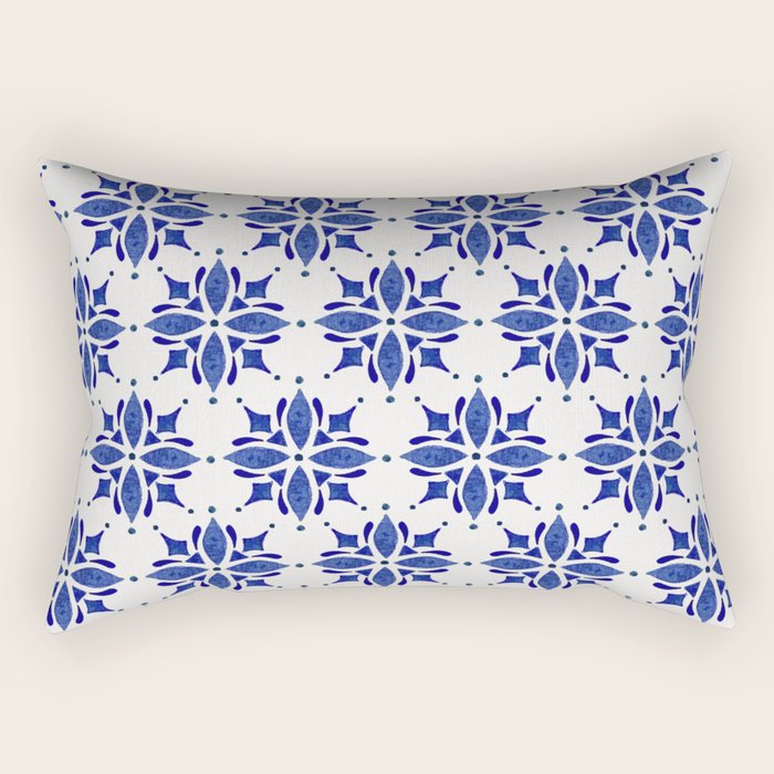 Dark Blue Watercolor Tile Pattern Rectangular Pillow Gallery Image 2