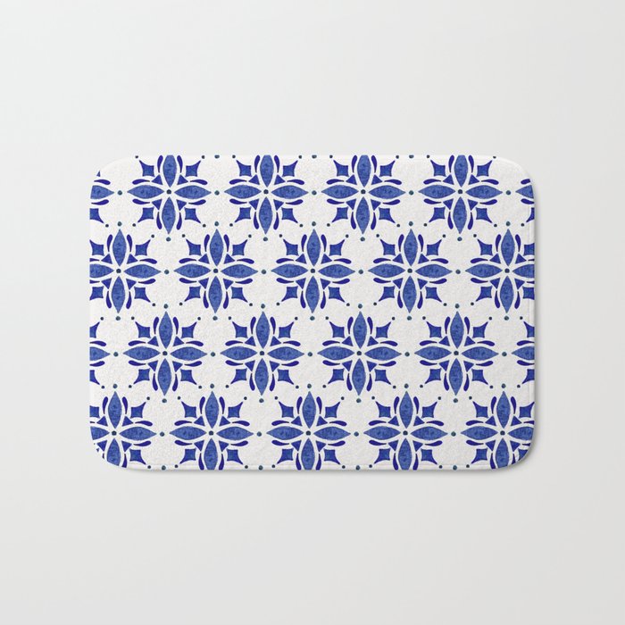 Dark Blue Watercolor Tile Pattern Bath Mat Gallery Image 1