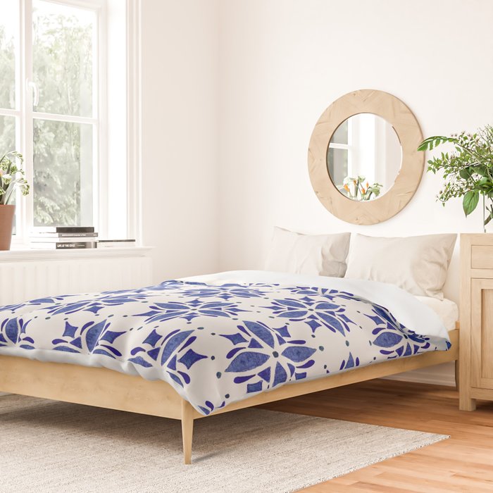 Dark Blue Watercolor Tile Pattern Duvet Cover Gallery Image 2