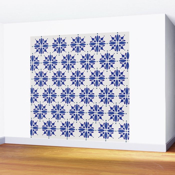 Dark Blue Watercolor Tile Pattern Wall Mural Gallery Image 2