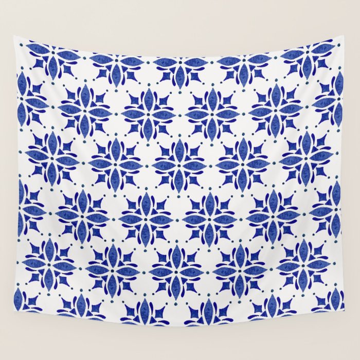 Dark Blue Watercolor Tile Pattern Wall Tapestry Gallery Image 4