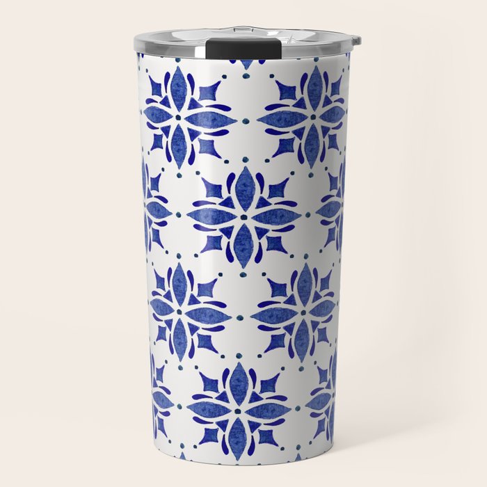 Dark Blue Watercolor Tile Pattern Travel Mug