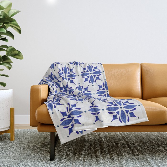 Dark Blue Watercolor Tile Pattern Throw Blanket Gallery Image 1