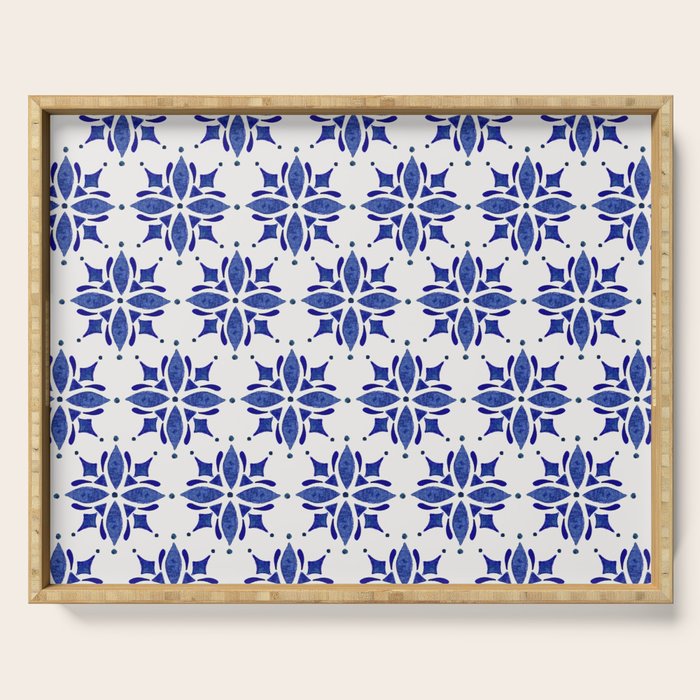Dark Blue Watercolor Tile Pattern Serving Tray Gallery Image 1