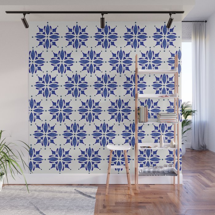 Dark Blue Watercolor Tile Pattern Wall Mural Gallery Image 1