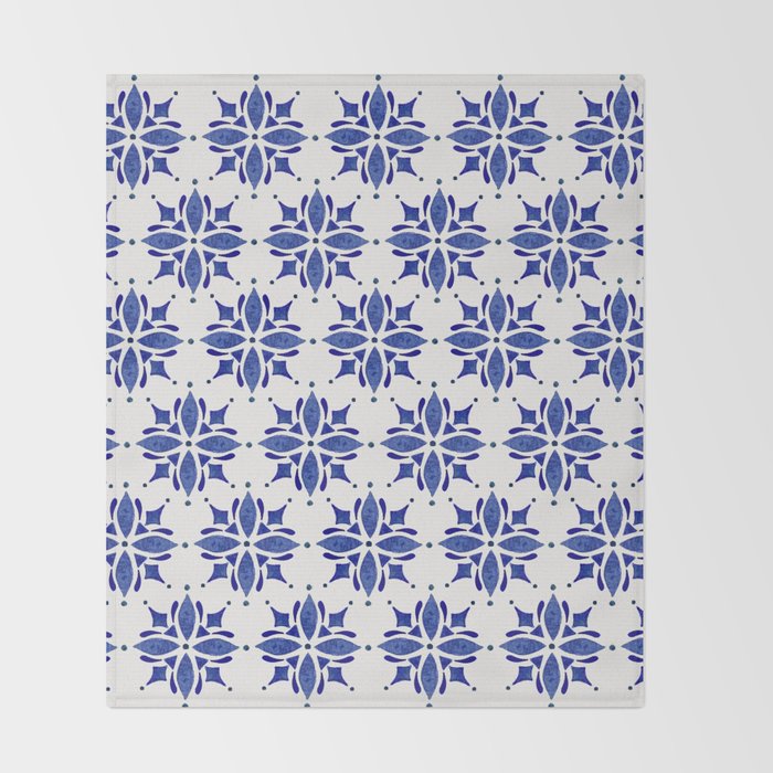 Dark Blue Watercolor Tile Pattern Throw Blanket Gallery Image 2